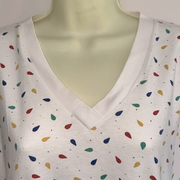 Vtg 80s Amanda Scott White Cotton/Polyester Multi Color Print V Neck Top - Picture 2 of 9
